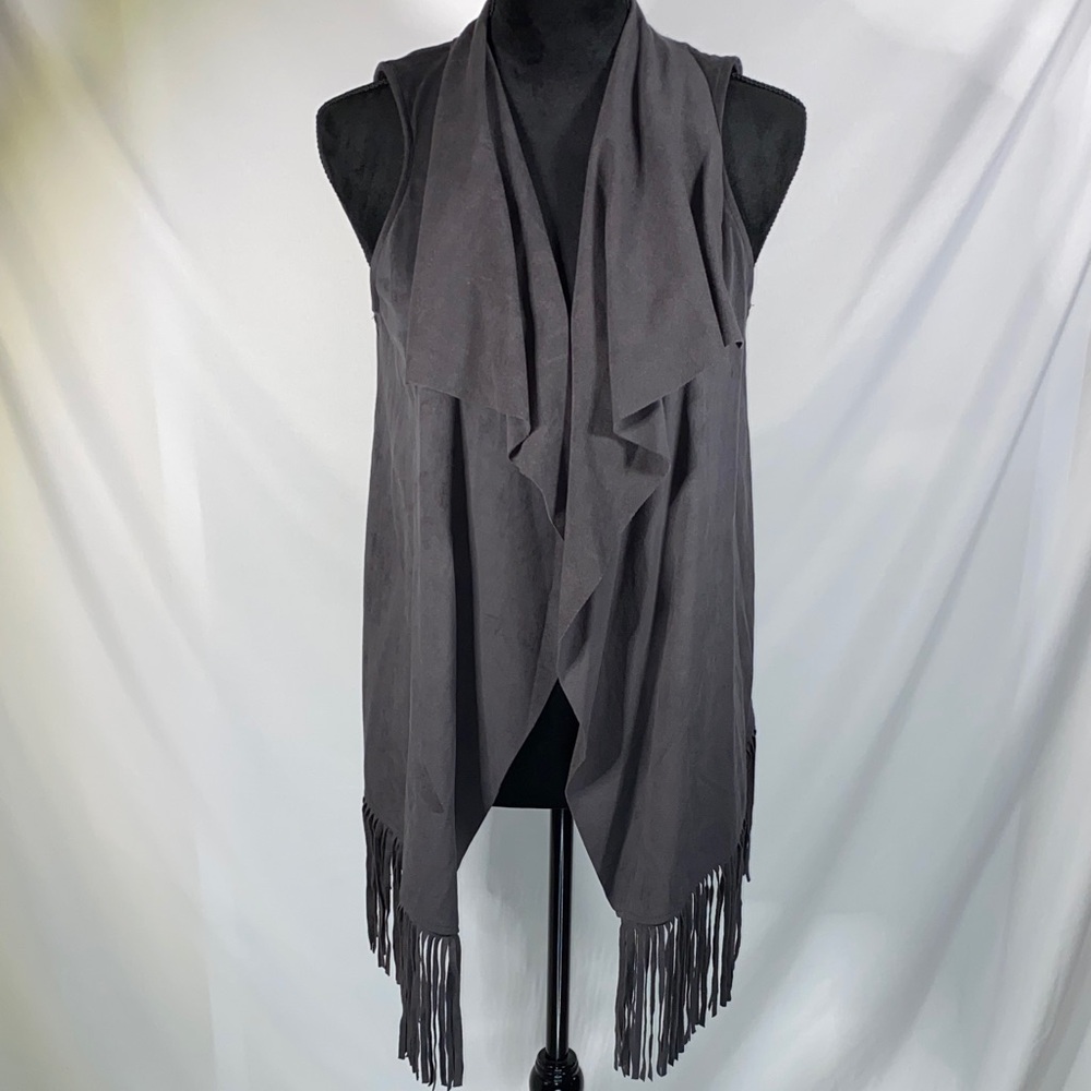Keren Hart Gray Faux Suede Fringe Open Front Waterfall Vest Women's Small